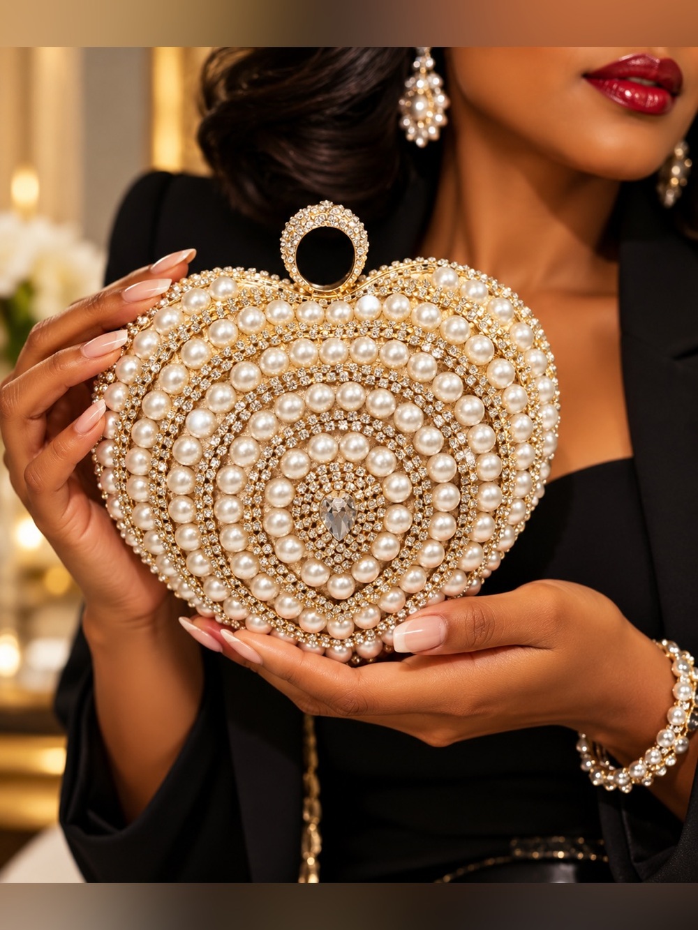 Pearl Studded Heart Shape Top handle clutch